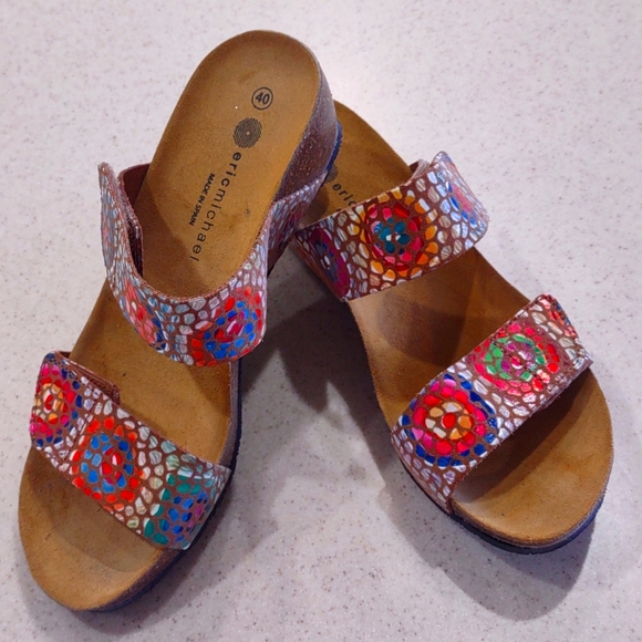 Eric Michael Liat Tan Mosaic Leather Wedge Dual Strap Slide Sandal Size 40/9 EUC - Picture 2 of 10